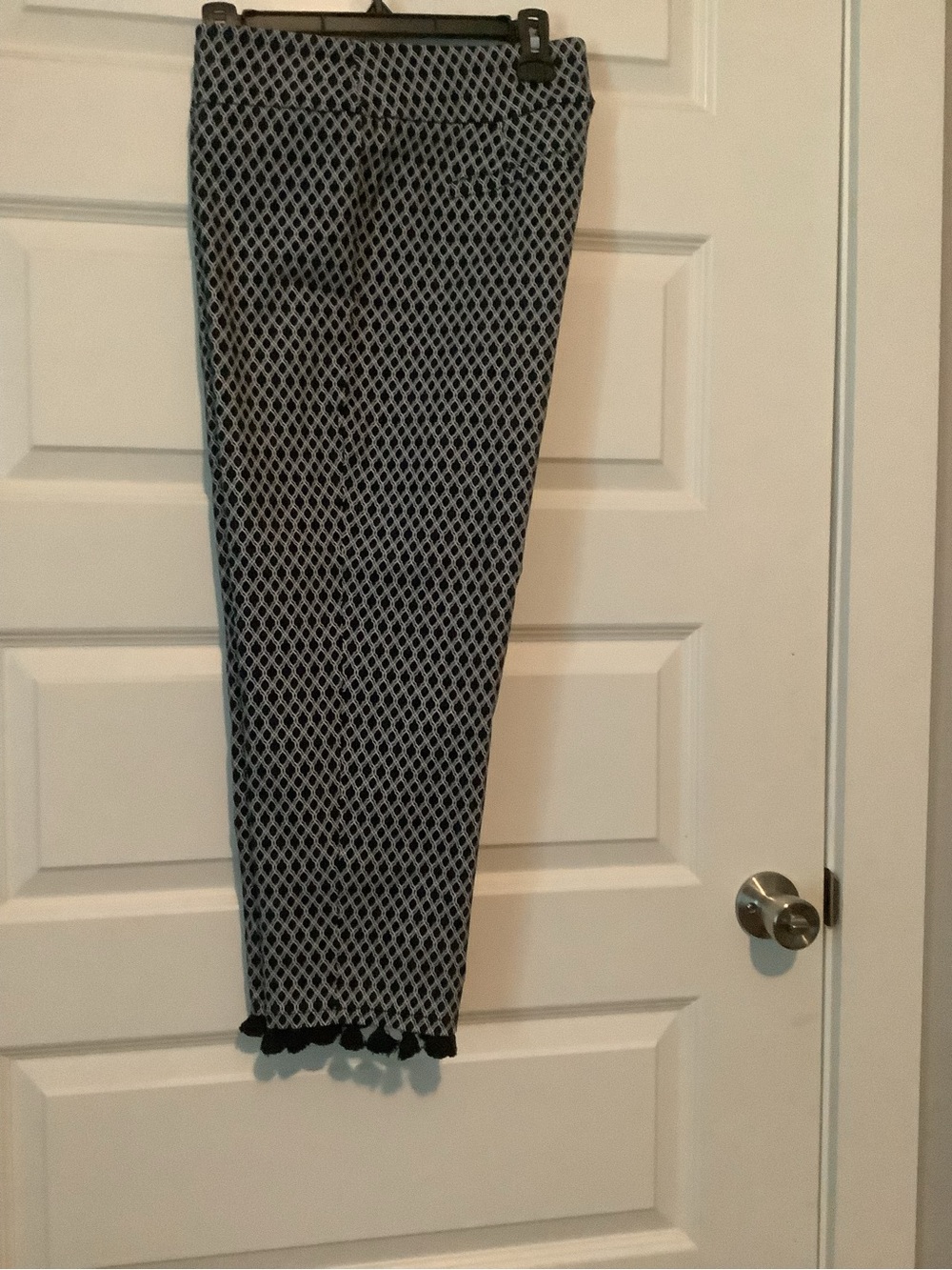 Ruby Rd. Black and White Geometric Skinny Pants with Tassel Hem